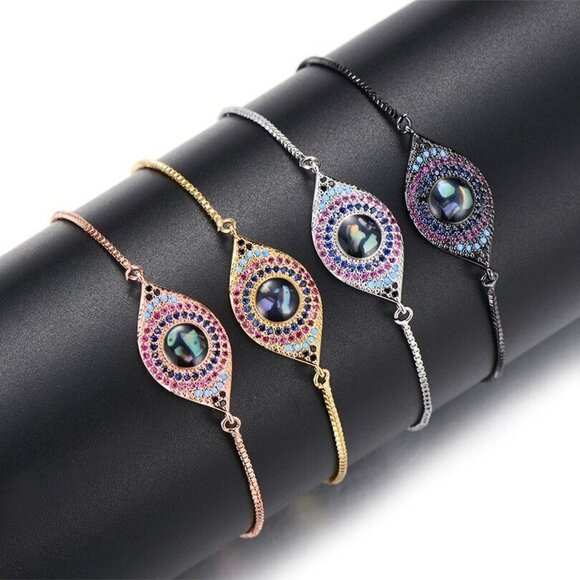 Evil Eye 18k Yellow Gold Multi-Color Sparkly Adjustable Bracelet - Picture 5 of 5